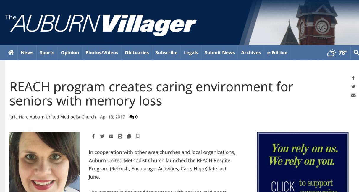 Headline of The Auburn Villager: "REACH program creates caring environment for seniors with memory loss," article by Julie Hare, April 13, 2017.