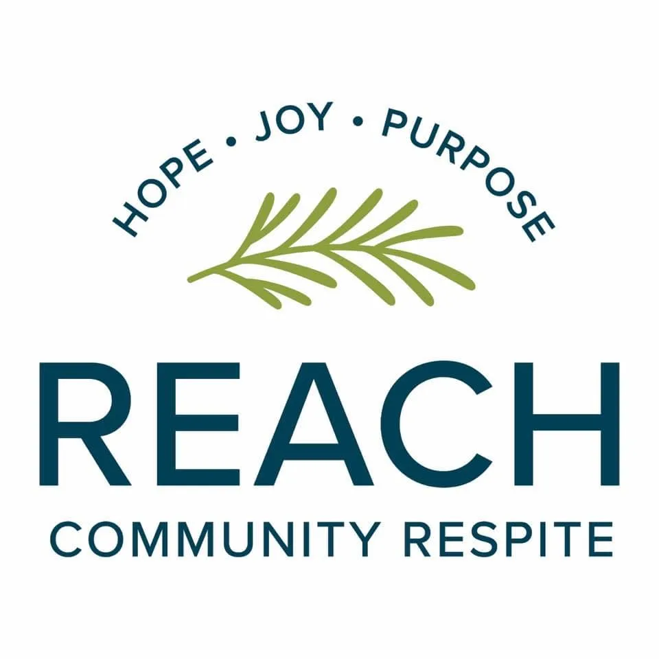 Logo for REACH Community Respite with the words "Hope, Joy, Purpose" surrounding a green branch icon above the bold text.