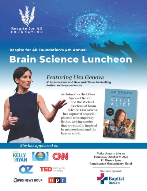 Brain Science Luncheon highlight image showing Lisa Genova and her book, Still Alive