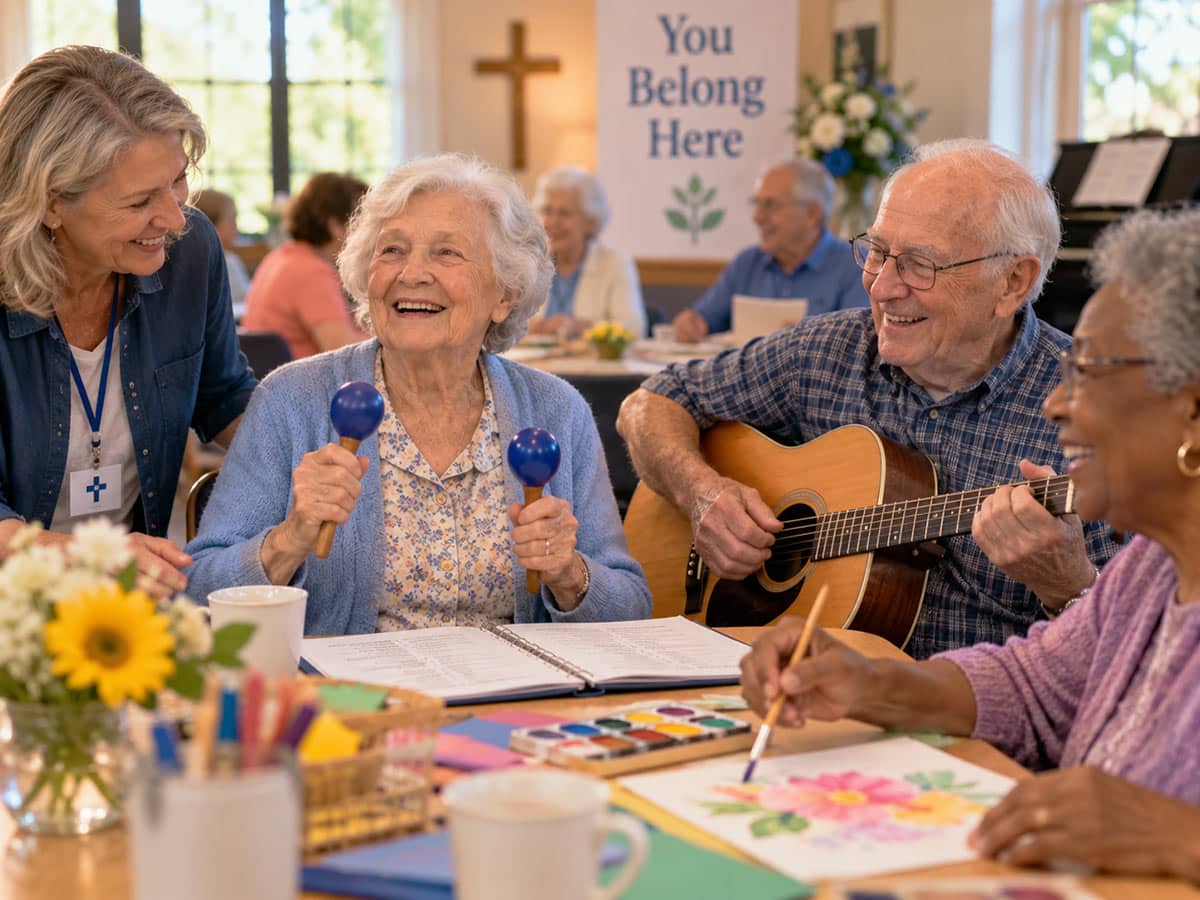 Older adults enjoying low-stress activities for dementia, including music, painting, and fellowship at a church-based respite program.