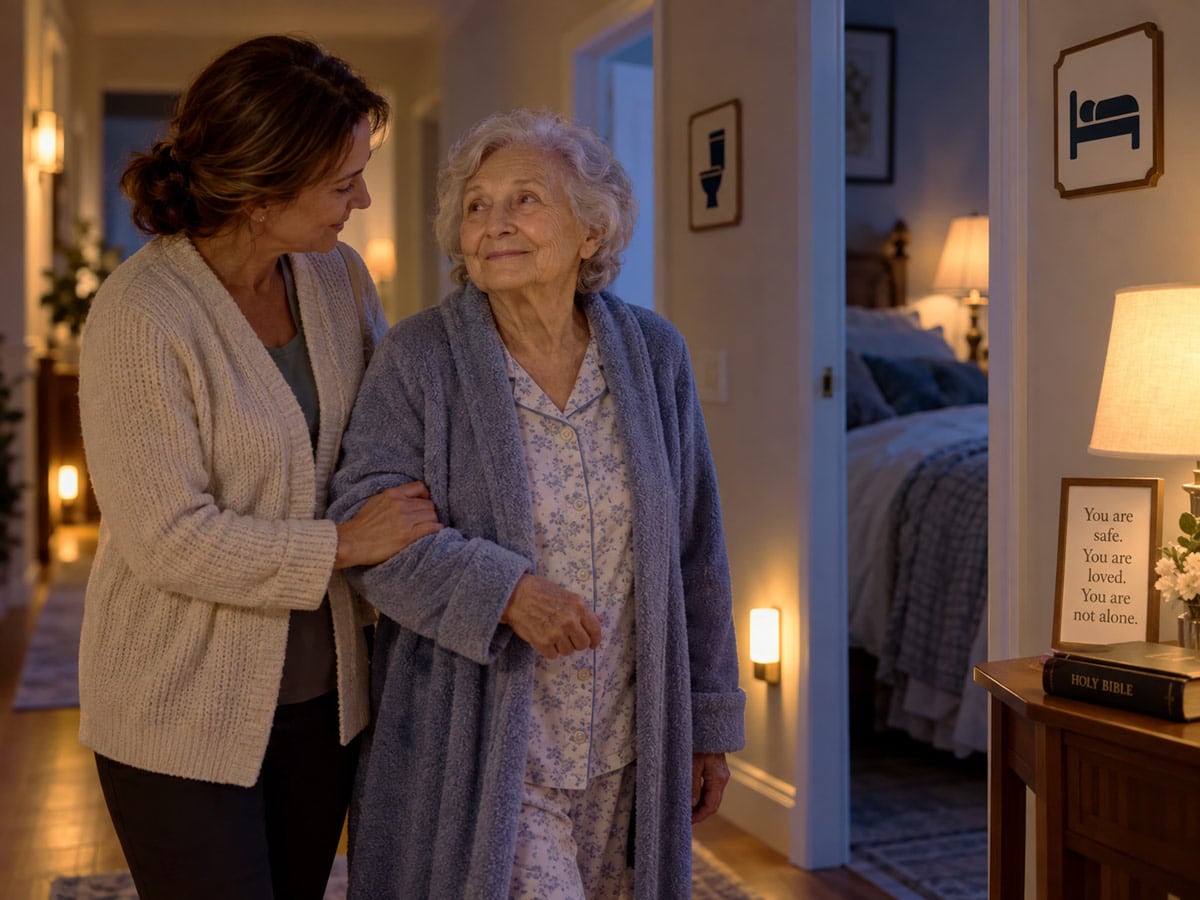 A care partner assists a person living with dementia to avoid nighttime wandering.